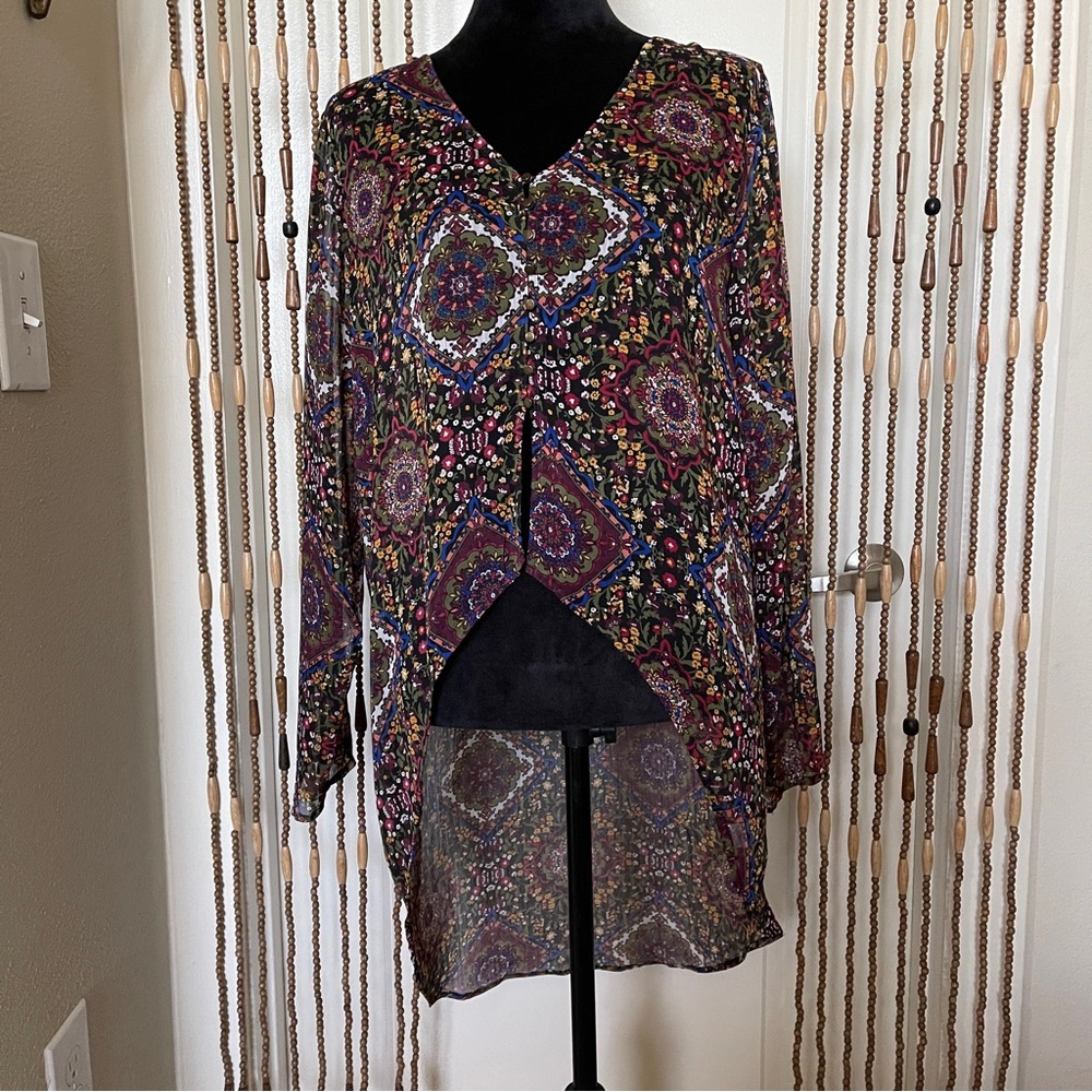 Janet Chung Boho Sheer Long Sleeve Hi-Lo Top Womens Size XL
